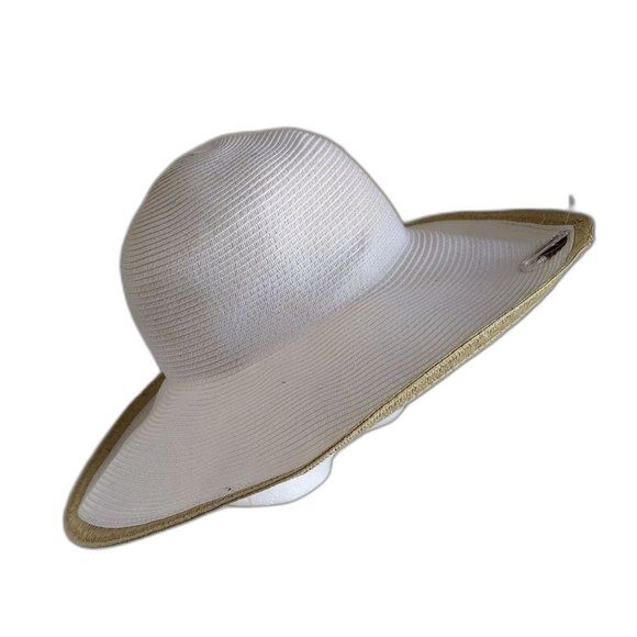 Packable Travel Floppy Straw Hat Wide Brim White with Tan Edge Vacation Cruise - Picture 3 of 11